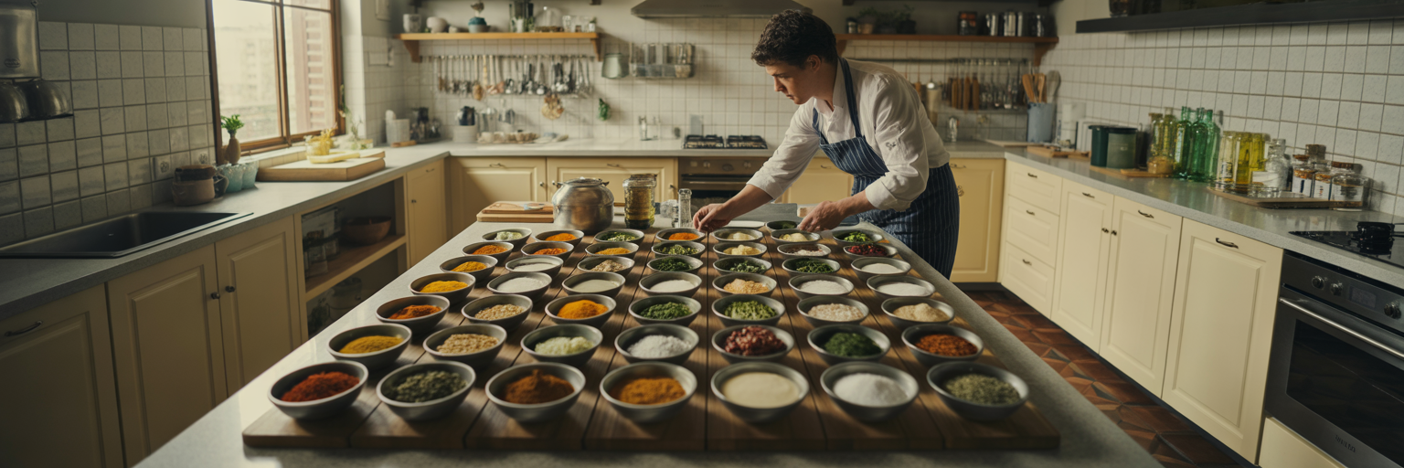 Chef organizando ingredientes en una cocina moderna.