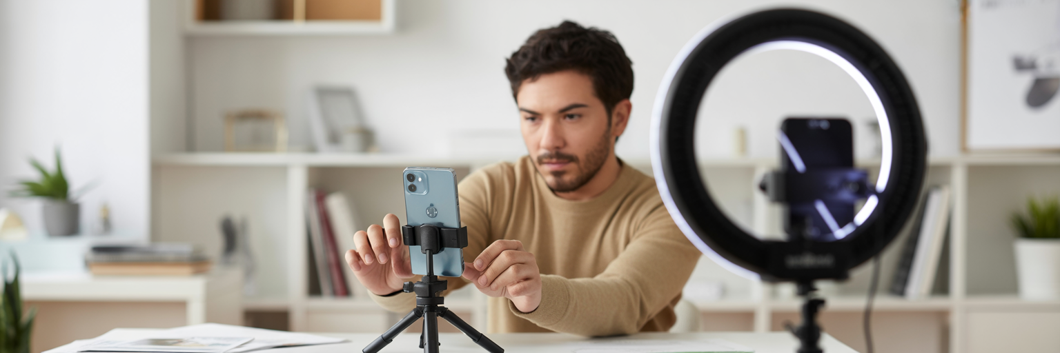 Creador de contenido preparando su móvil para grabar un vídeo