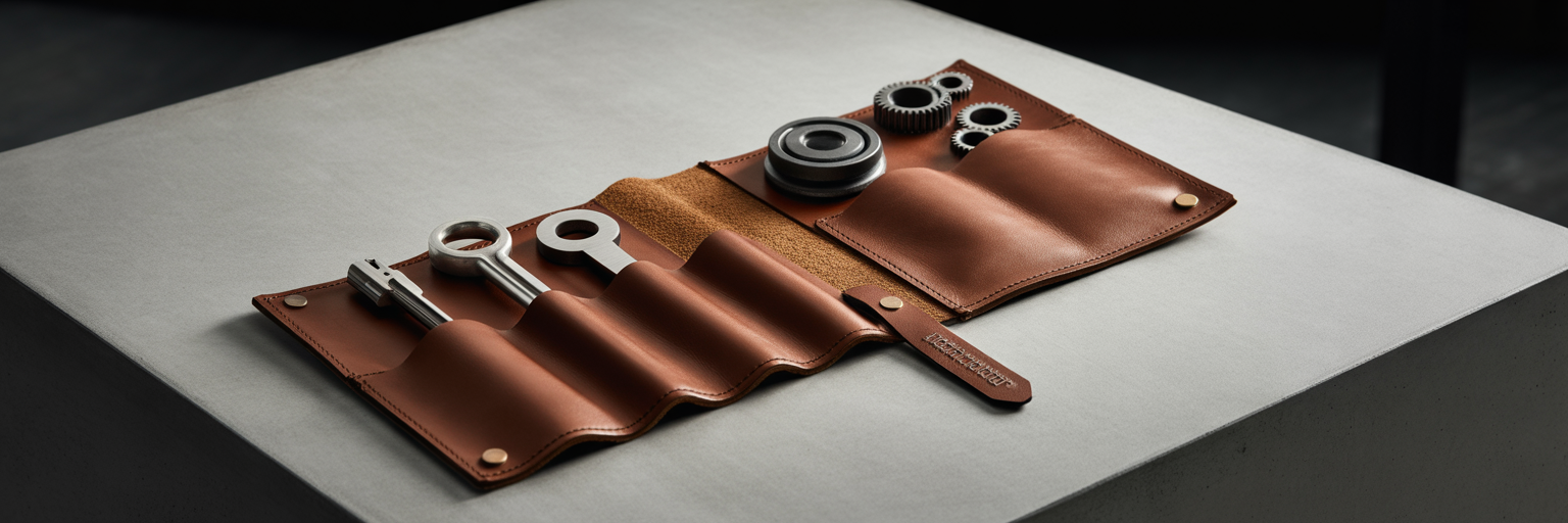 Estuche de herramientas de cuero con objetos metafóricos.