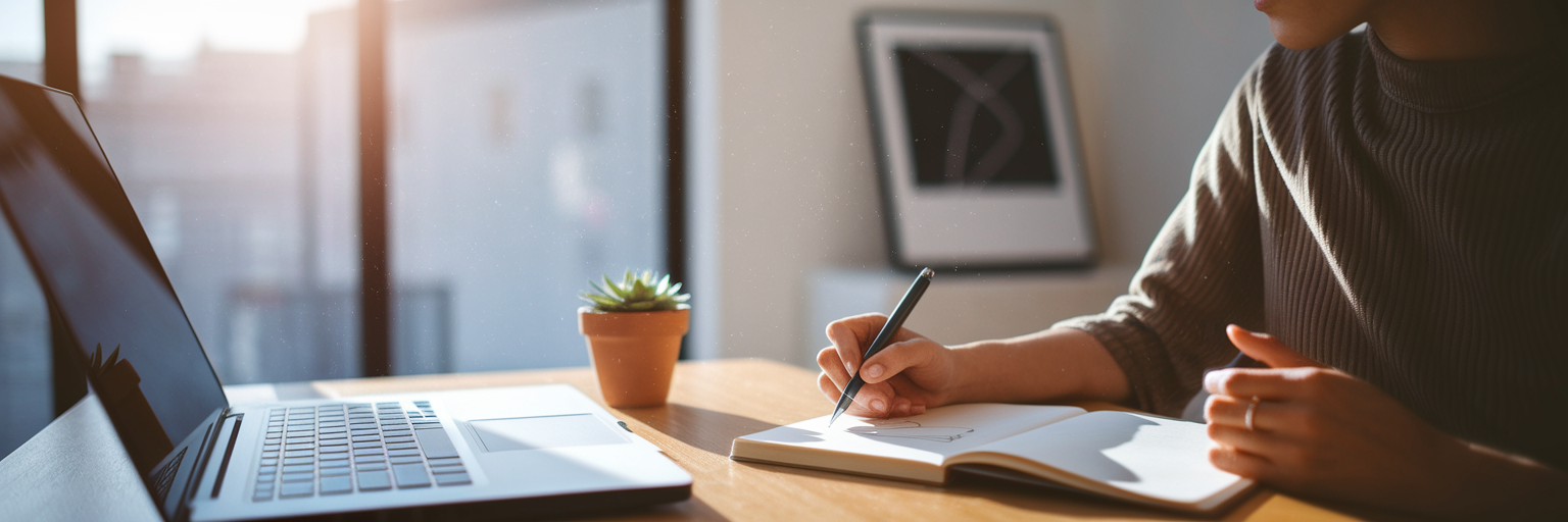 Creador de contenido planificando un eBook en su escritorio.