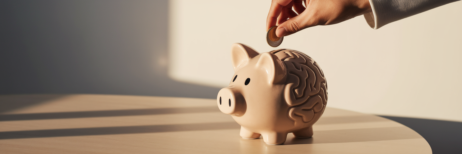 Mano insertando una moneda en una hucha con forma de cerebro.