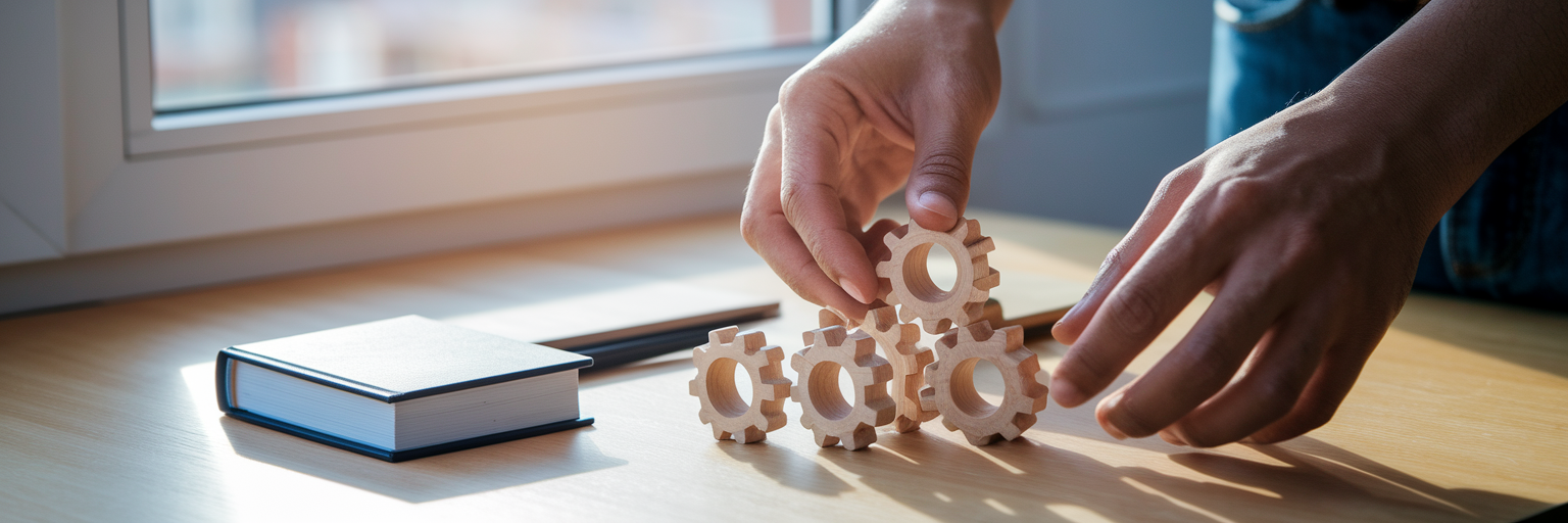 Objetos que representan productos digitales en un escritorio