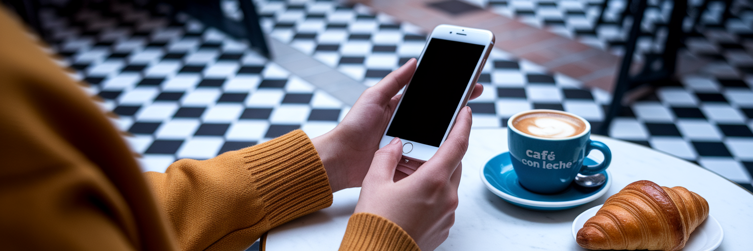Persona usando el móvil en una cafetería