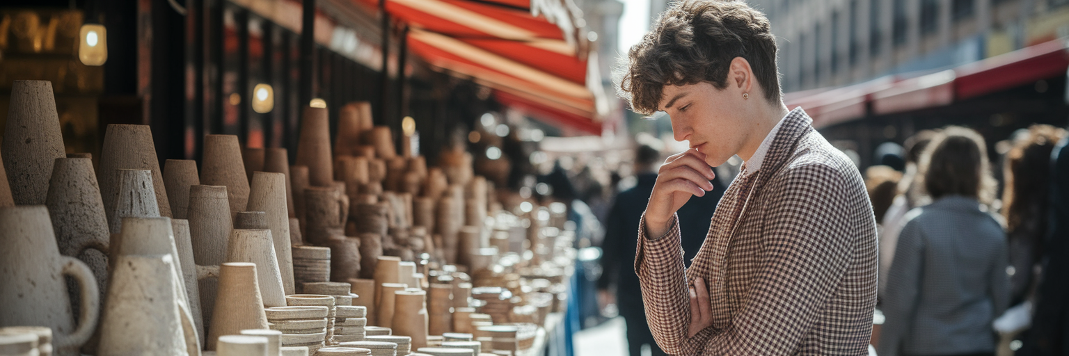 Persona investigando un nicho de mercado en un mercadillo.