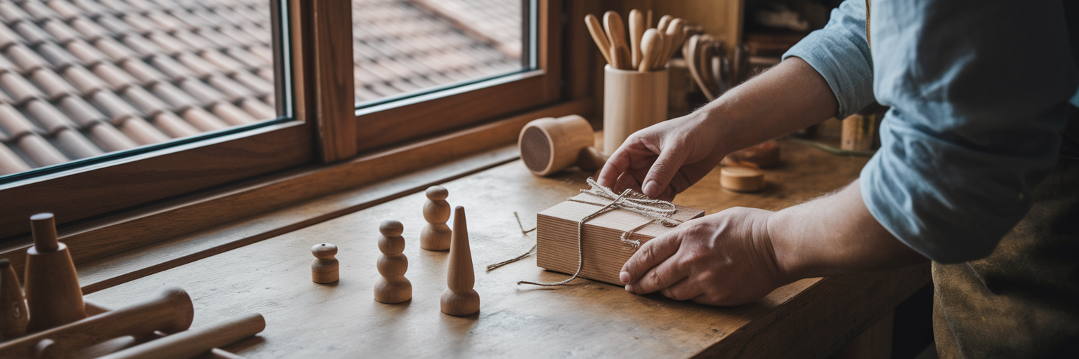 Manos creando un paquete de productos artesanales.