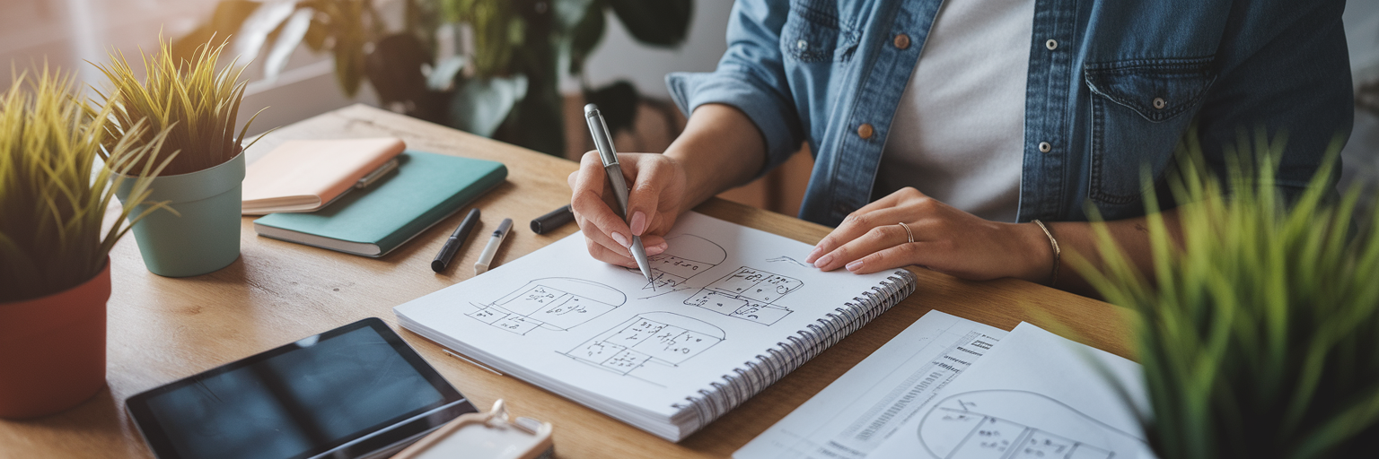 Creator designing a digital product in a notebook.