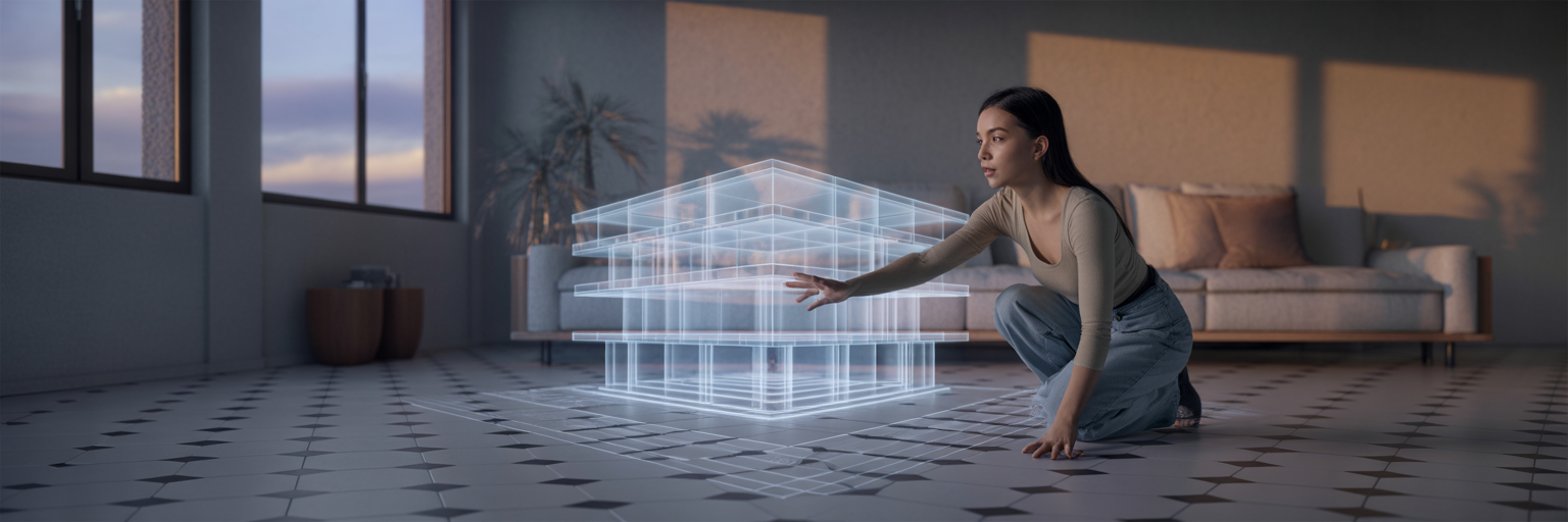 Woman interacting with 3D design hologram