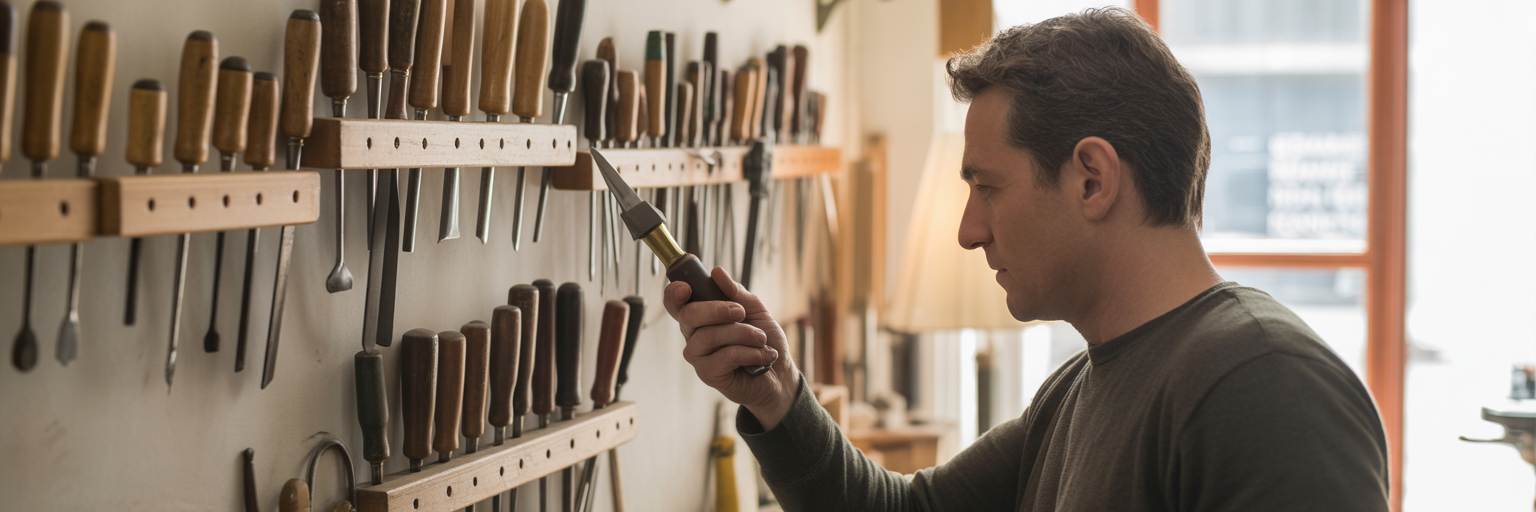 Artesano eligiendo herramienta en su taller
