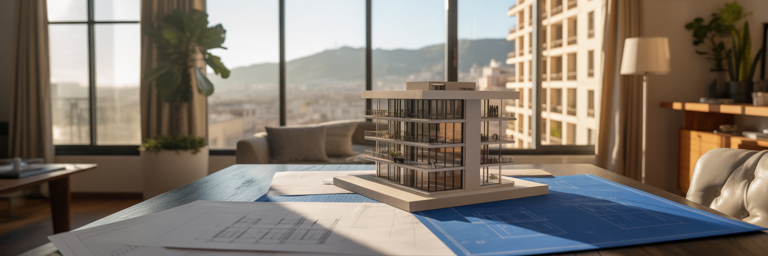 Persona planificando crecimiento con maqueta y planos